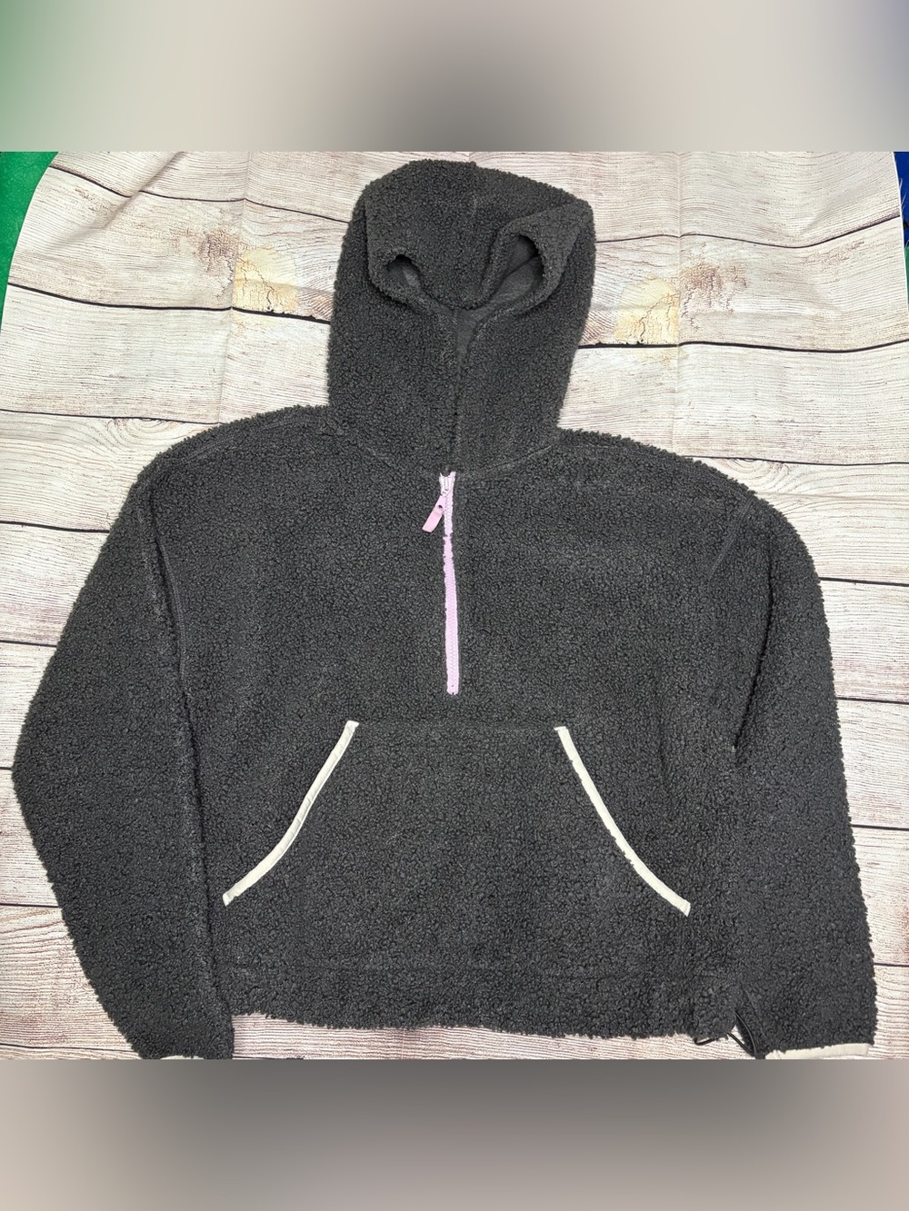wild fable grey Sherpa Hoodie with Pink Half-Zip and Cream Trim